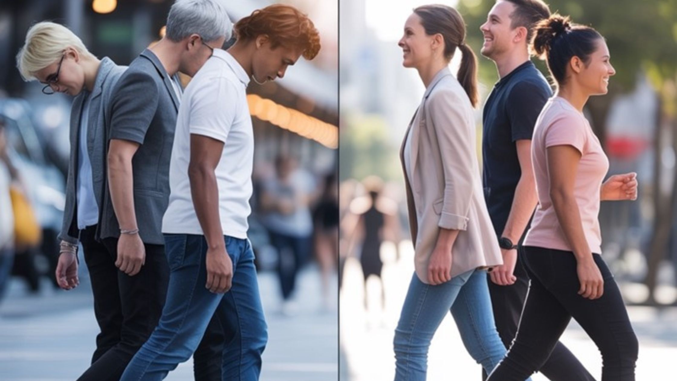 Collage of three photos showing people walking outdoors